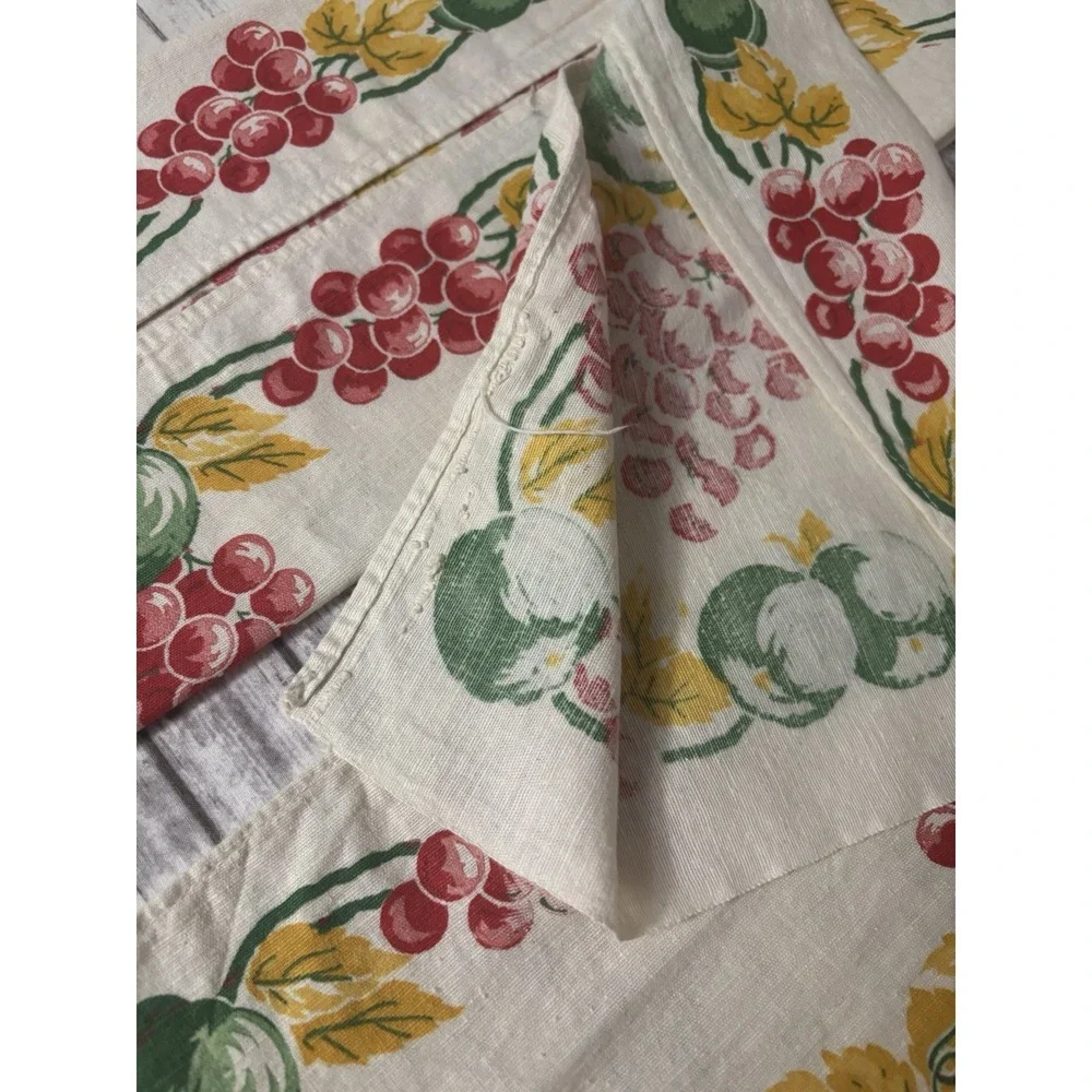 Vintage 1950s Cotton Kitchen Towels PAIR Floral Grapes Green Red Yellow